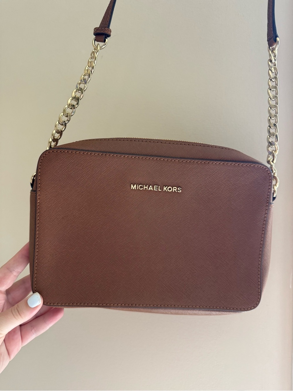 Michael Kors Chestnut Saffiano Leather Crossbody with Gold Chain